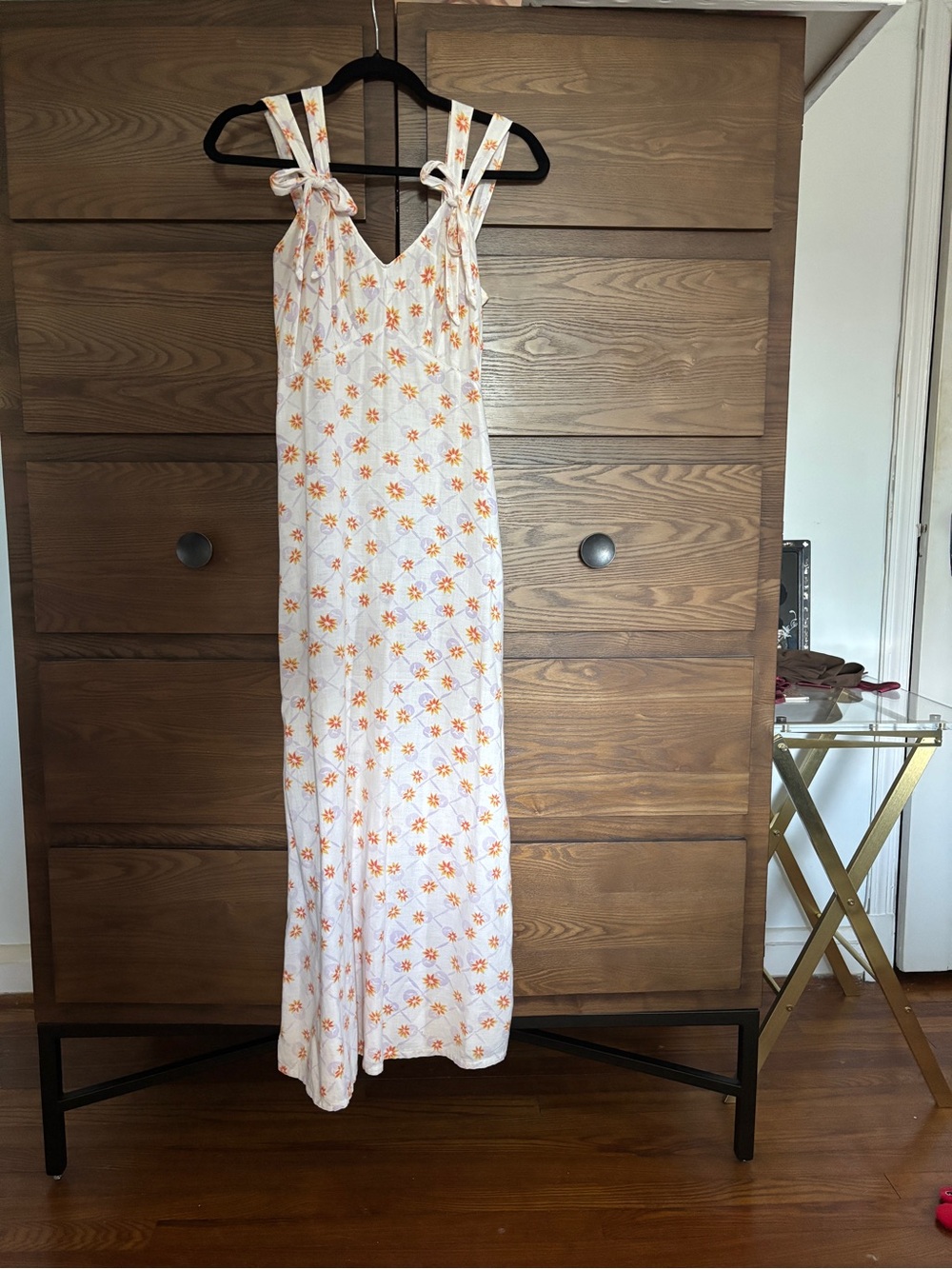 Vintage 70’s White Maxi Dress with Orange and Lilac  Floral Print and Tie Straps